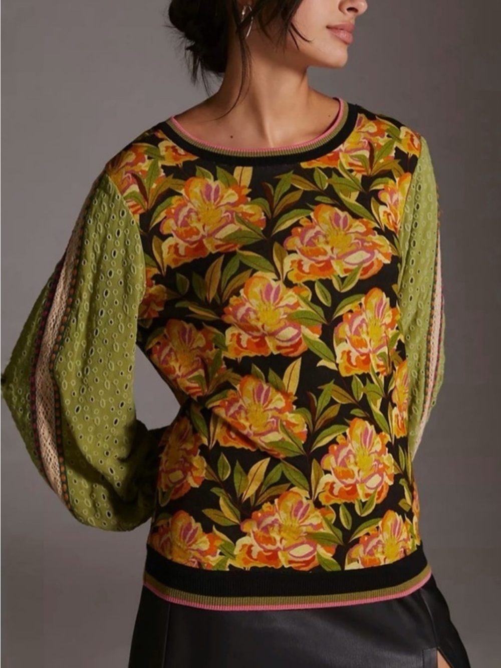 Anthropologie Bl^nk London Contrast Eyelet Balloon Sleeve Pullover Top XXSmall